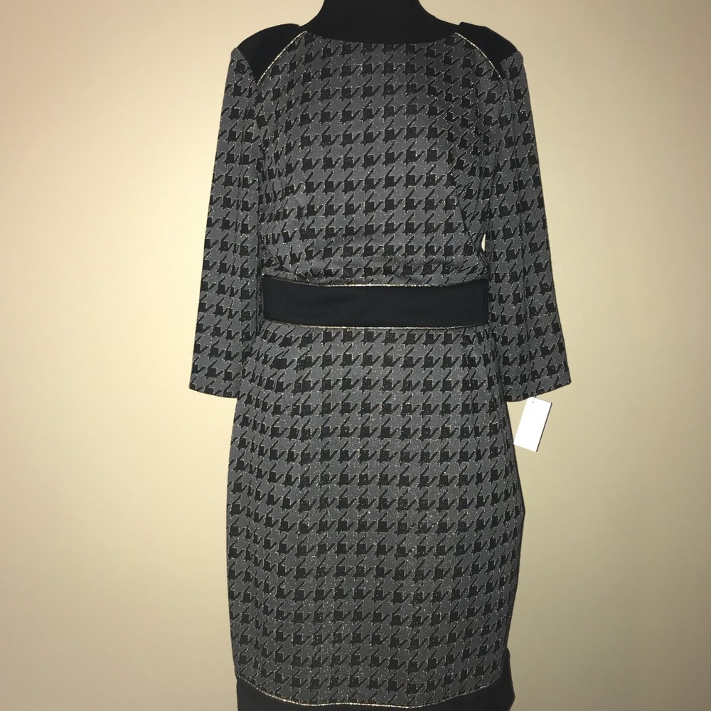 Leslie Fay houndstooth dress grey black gold sz 10